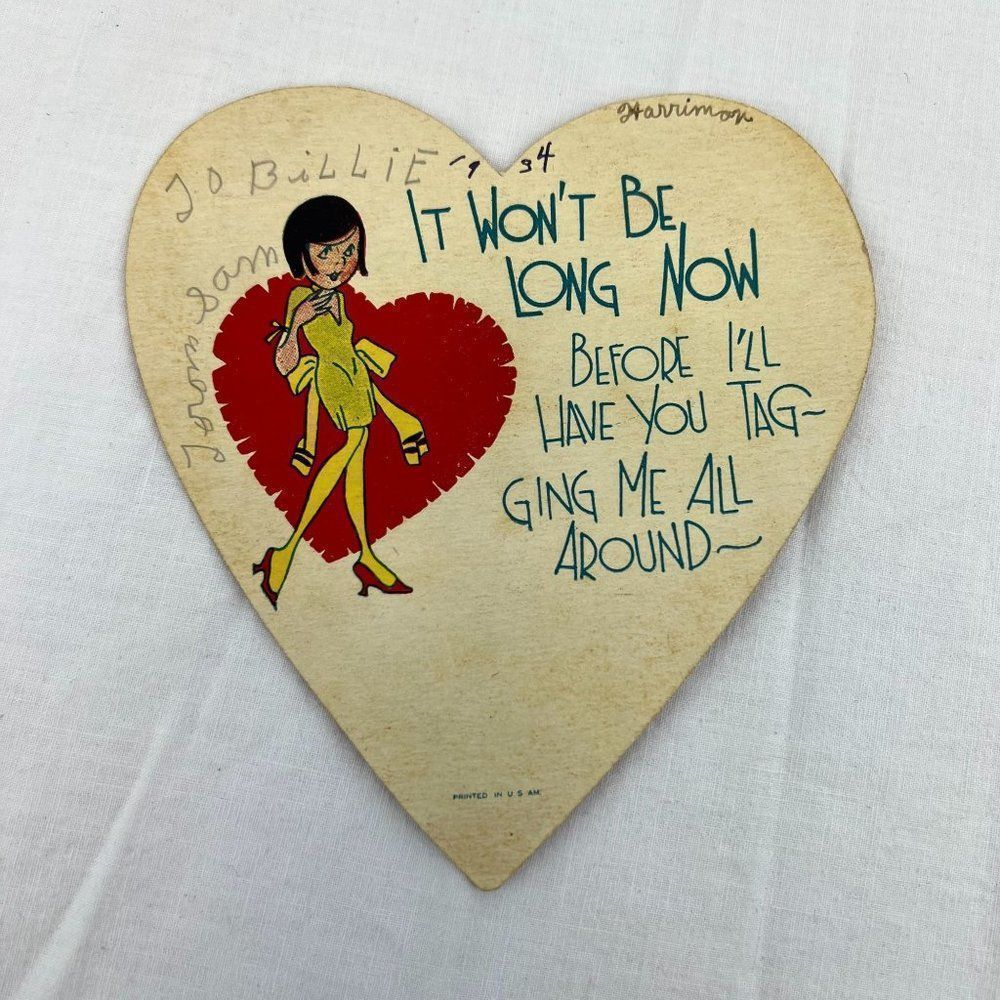 Vtg 1930s 1934 Valentine's Day Holiday Cartoon Double Sided Heart Card - Picture 2 of 3